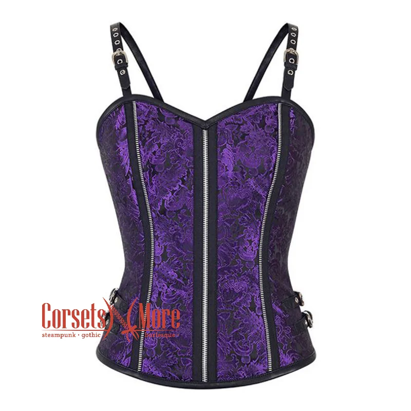 Corset for elegant lines-Purple Black Brocade With Leather Strap Overbust Corset