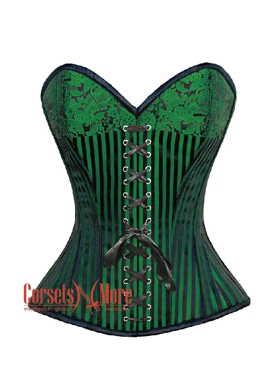 Corset dress with bow skirt-Green And Black Front Lace Brocade Steampunk Overbust Costume Corset