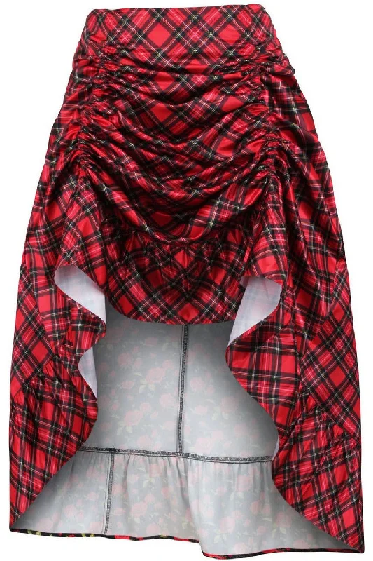 Silicone toys with strong pulses-Red Plaid Satin Adjustable High Low Skirt