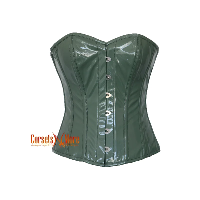 Corset top with bow trim-Olive Green PVC Leather Corset Gothic Overbust Costume Waist Training Top