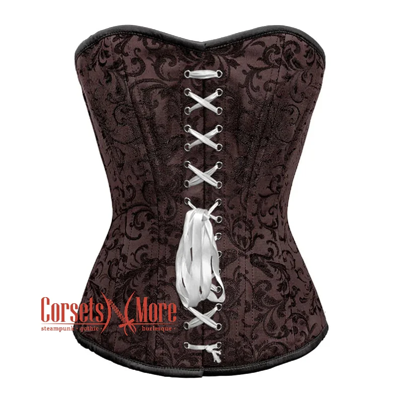 Corset with satin edging-Brown Brocade Steel Boned Front Ribbon Overbust Corset