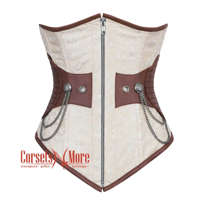 Corset dress in pale jade-Plus Size Ivory And White Brocade Brown Leather Front Zipper Steampunk Underbust Corset