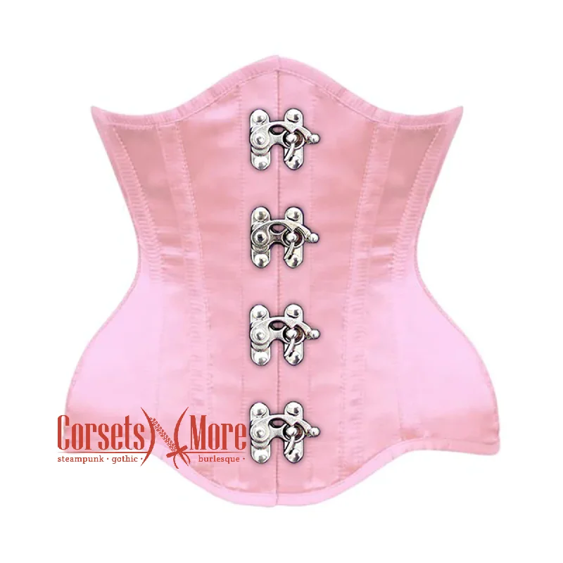 Corset top with bow trim-Plus Size Baby Pink Satin Burlesque Gothic Front Clasps Waist Training Underbust Corset