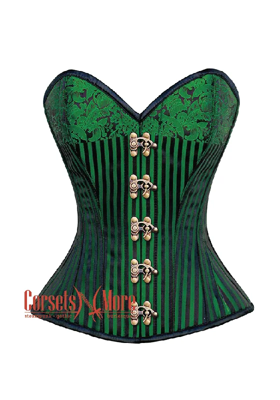 Corset with sheer straps-Green And Black Brocade Antique Clasps Steampunk Overbust Costume Corset