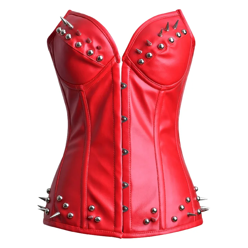 Corset with sheer edging-Red Leather corset Top - Over Bust