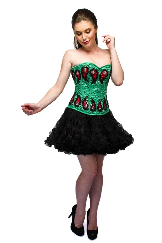 Corset for timeless grace-Green Satin Red Sequins Handmade Women Corset Overbust Top