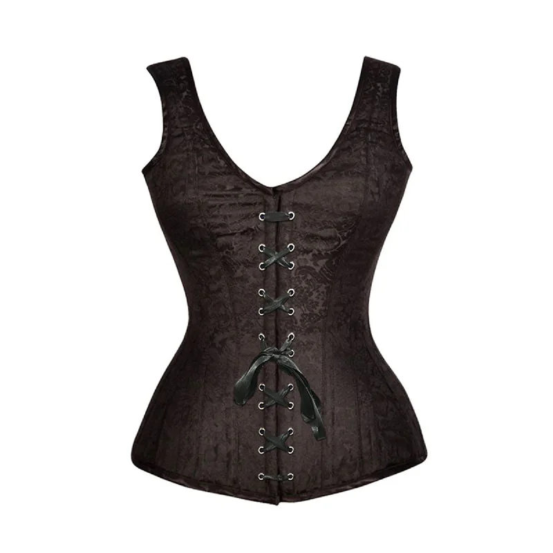 Corset with satin overlay-Brown Brocade Shoulder Strap Gothic With Front Black Ribbon Overbust Corset