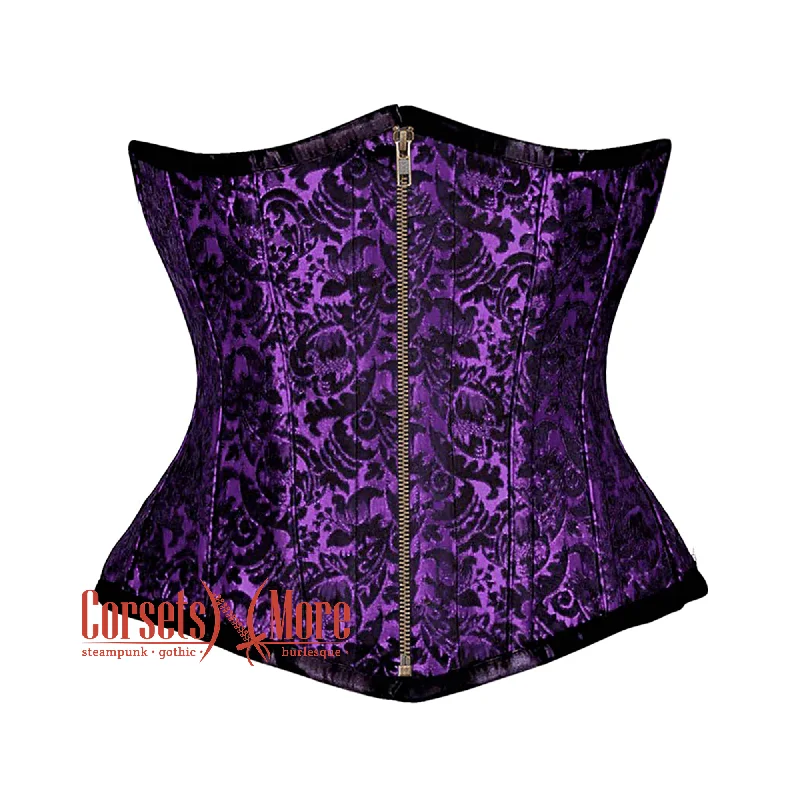 Corset top with sheer straps-Purple And Black Brocade Antique Zip Steampunk Gothic Waist Training Underbust Corset Bustier Top