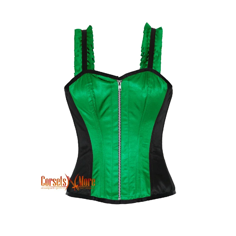 Corset for refined elegance-Green And Black Satin Corset With Shoulder Strap Overbust Zipper Top