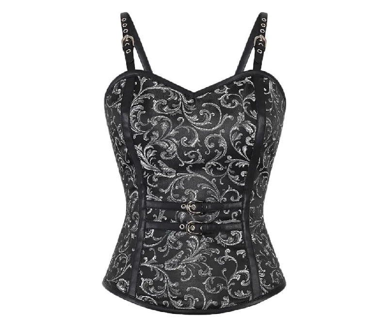 Corset for delicate charm-Black Brocade Leather Shoulder Straps Gothic Burlesque Corset Overbust