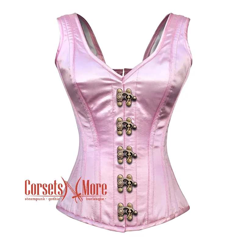 Corset for graceful charm-Baby Pink Satin With Front Clasps Gothic Overbust Burlesque Corset Waist Training Top