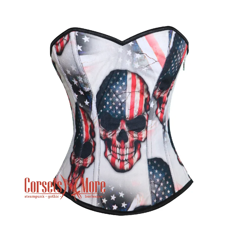 Corset in pale coral-USA Flag Print Skull Cotton Gothic Overbust Burlesque Haunted Corset Top