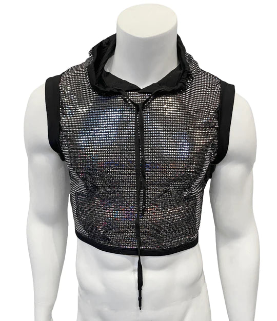 Sex toys for calm play-Flat Sequins Hooded Crop Top - BLACK SILVER