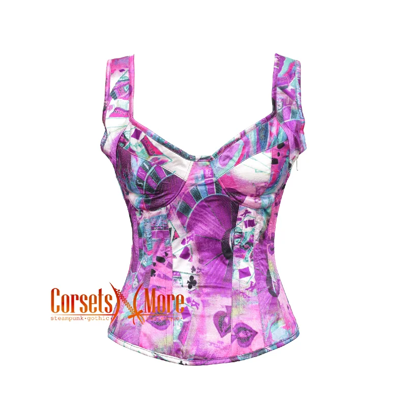 Corset with floral edging-Plus Size Vibrant Printed Colorful Purple Satin Gothic Overbust With Shoulder Strap Corset