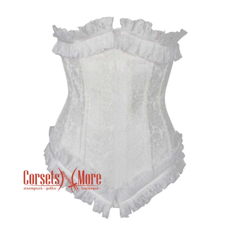 Corset with velvet trim-White Brocade Front Close Net Frill Design Gothic Waist Training Underbust Corset Bustier Top