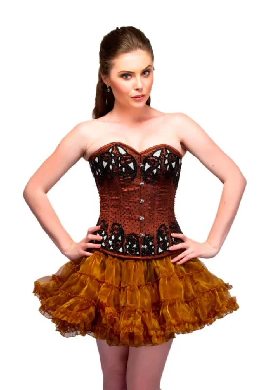 Corset dress for minimalist style-Brown Satin Black Sequins Waist Cincher Overbust Corset Top