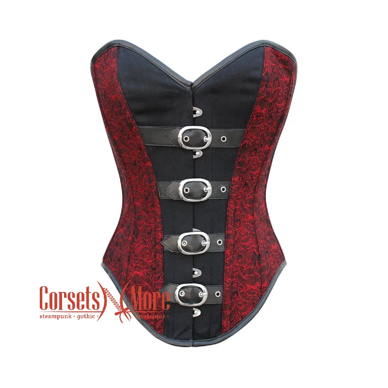 Corset in pale teal-Red And Black Brocade Black Cotton Overbust Corset