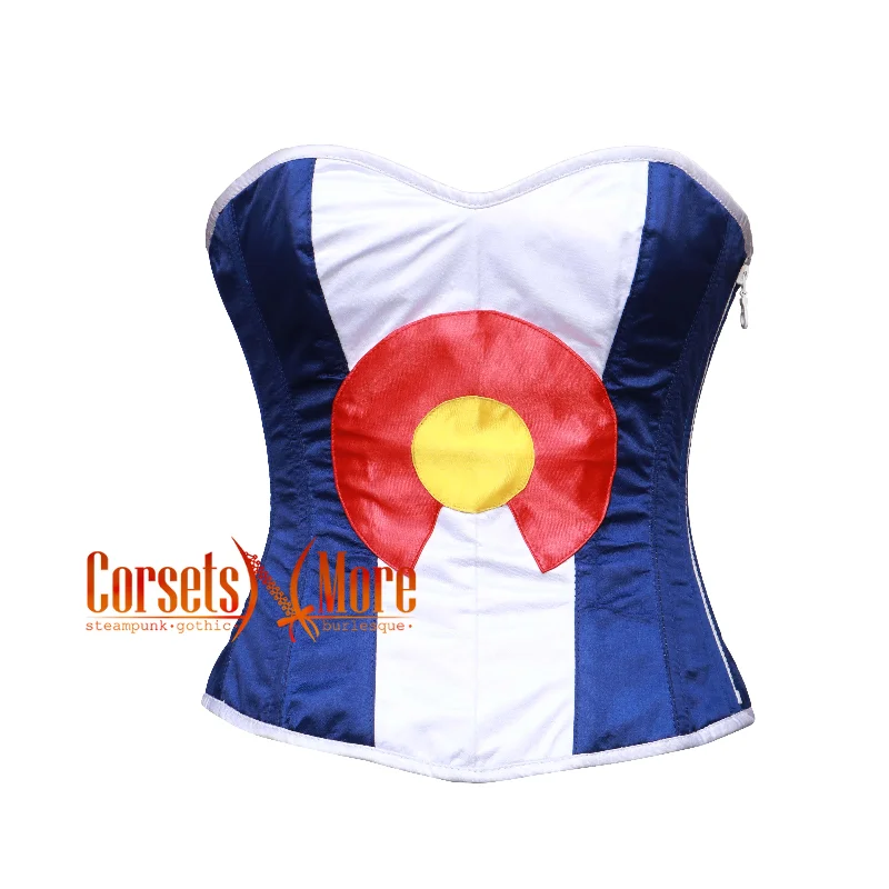 Corset dress in pale lavender-Blue And White Satin Colorado Flag Corset Overbust Gothic Costume Bustier Top