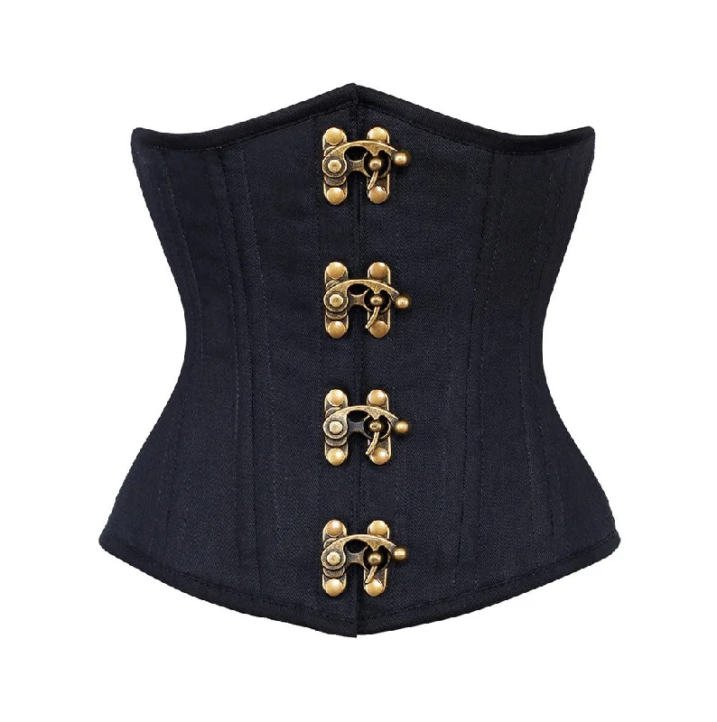 Corset top with draped overlay-Black Denim Bronze Clasps Double Bone Gothic Underbust Corset Waist Training