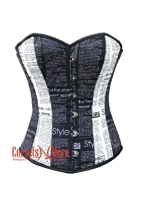 Corset for graceful fit-Newspaper Print Cotton Black and White Corset Gothic Bustier Overbust Corset Top