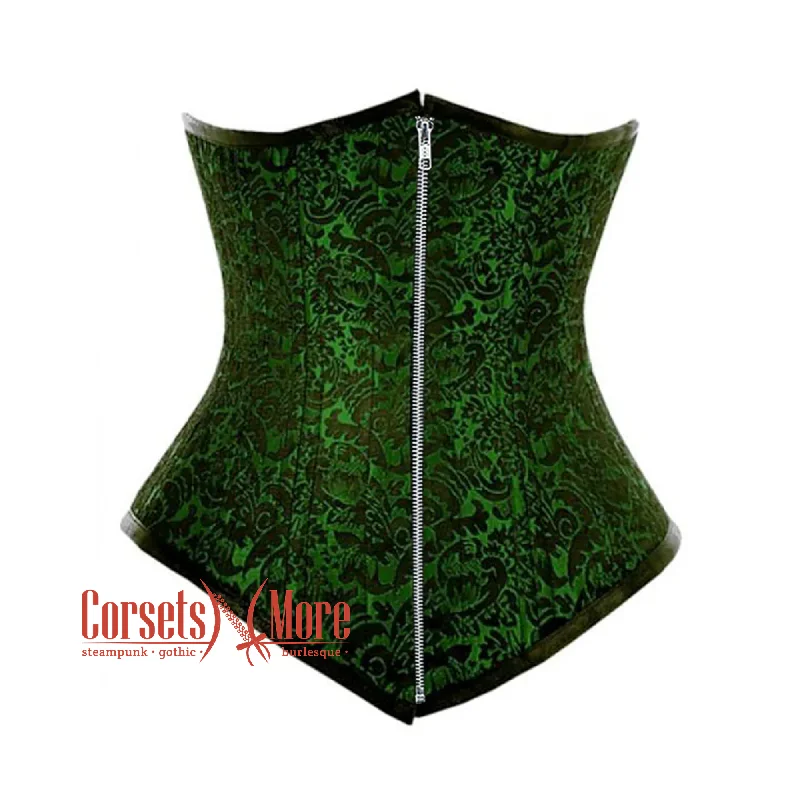 Corset with lace trim-Green And Black Brocade Double Boned Front Zipper Waist Training Underbust Gothic Corset Bustier Top