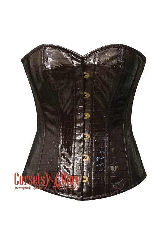 Corset in muted violet-Brown Leather Crocodile Print Steampunk Waist Trainer Overbust Corset