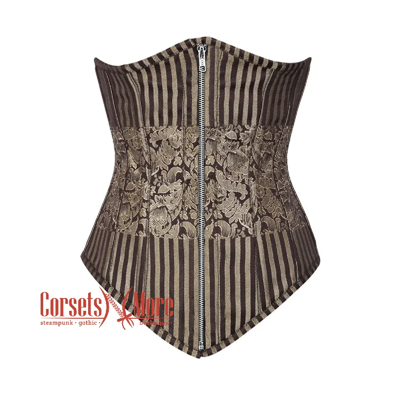 Corset top with velvet overlay-Brown and Golden Brocade With Front Silver Zipper Gothic Long Underbust Corset