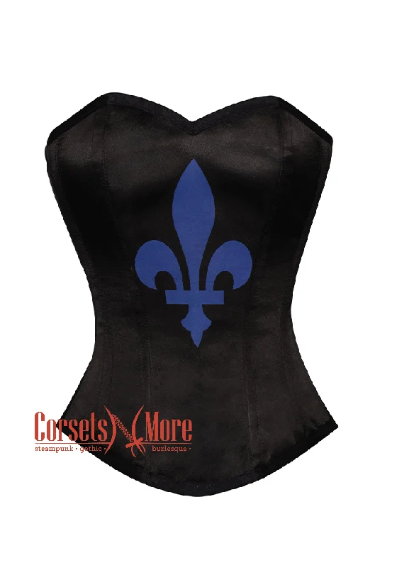 Corset with floral overlay-Black Satin Blue flower-de-luce Print Gothic Burlesque Waist Training Bustier Overbust Corset Costume