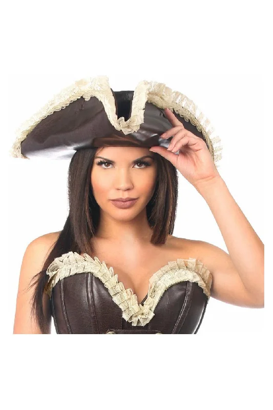 Sex toys with small size-Dark Brown Distressed Faux Leather w/Cream Lace Pirate Hat