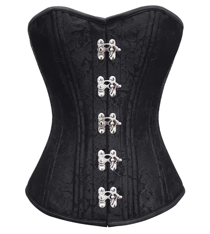 Corset in satin black-Black Brocade Spiral Steel Boned Corset Waist Training Seal Lock Overbust Top