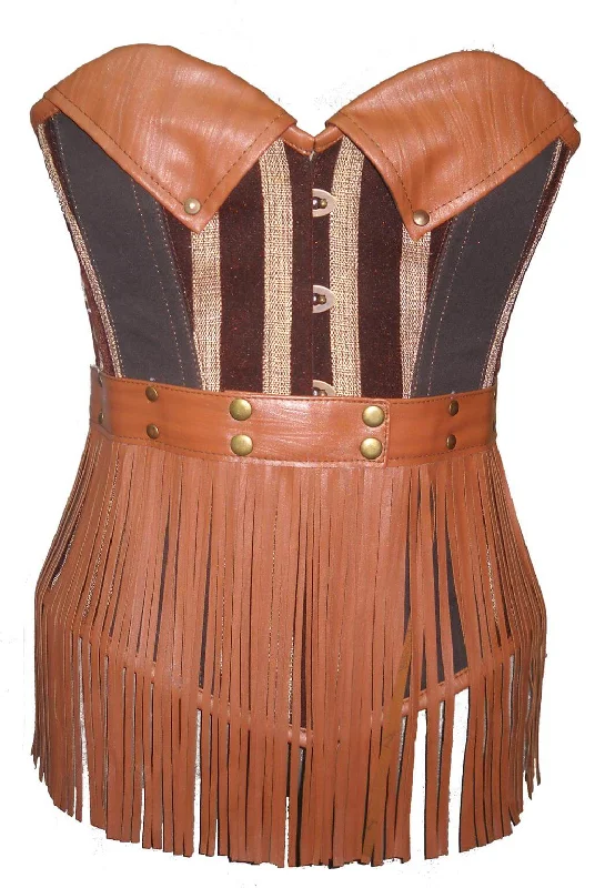 Corset top with floral trim-Brown Leather Cotton Steampunk Waist Training Bustier Women Overbust Corset Top