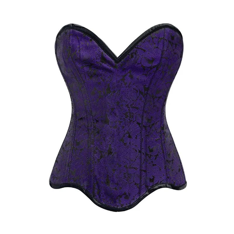 Corset with lace trim-Purple Brocade Gothic With Front Closed Overbust Corset