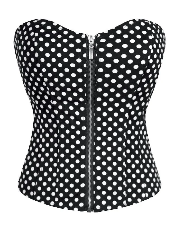 Corset with sheer trim-Black And White Polka Dot Satin Zipper Goth Overbust Corset Waist Training Burlesque Costume