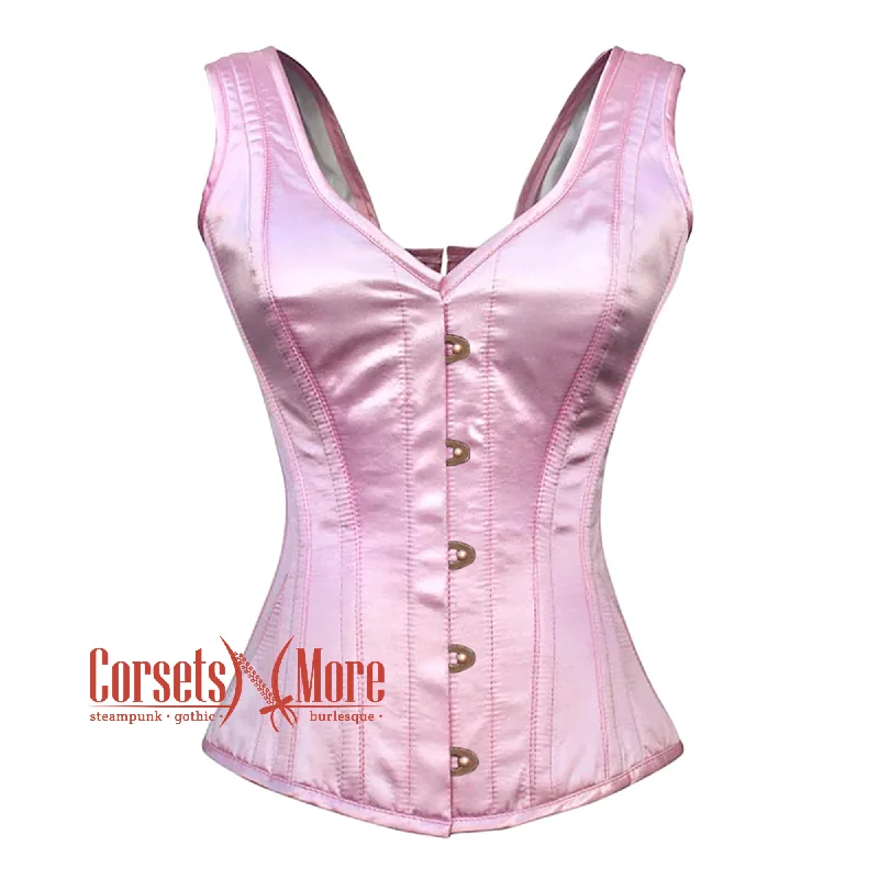 Corset in light plum-Baby Pink Satin With Front  Antique Busk Gothic Overbust Burlesque Corset Waist Training Top