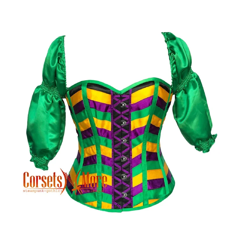 Corset with lace-up arms-Green Purple and Yellow Striped Satin Mardi Gras Costume Corset With Puff Sleeves