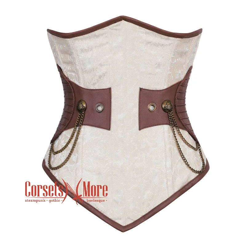 Corset in muted coral-Plus Size Ivory And White Brocade Brown Leather Front Closed Steampunk Underbust Corset