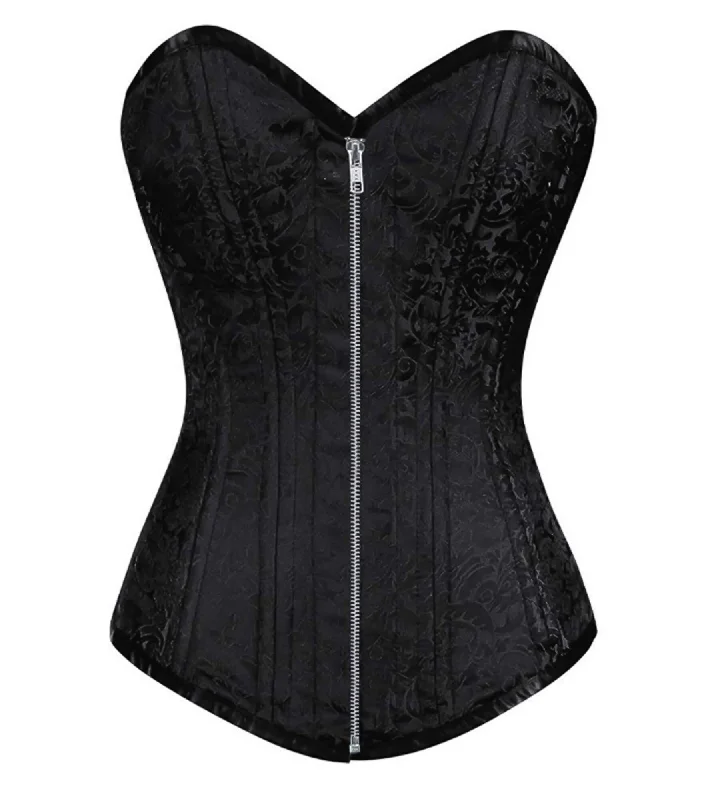 Corset in subtle gold-Black Brocade Spiral Steel Boned LONGLINE Corset Waist Training Gothic Burlesque Costume Silver Zipper Overbust Bustier Top