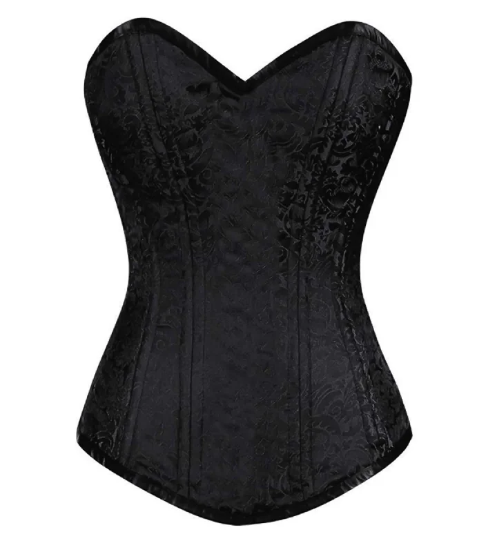 Corset in soft gold-Black Brocade Spiral Steel Boned LONGLINE Corset Waist Training Front Closed Goth Burlesque Costume Overbust Bustier Top