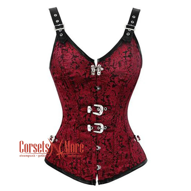 Corset top with bow trim-Red and Black Brocade Leather Shoulder Strap Steampunk Sexy Waist Training Overbust Corset Bustier Top