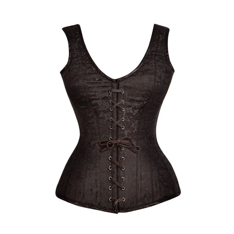 Corset in soft silver-Brown Brocade Shoulder Strap Gothic With Front Brown Lace Overbust Corset