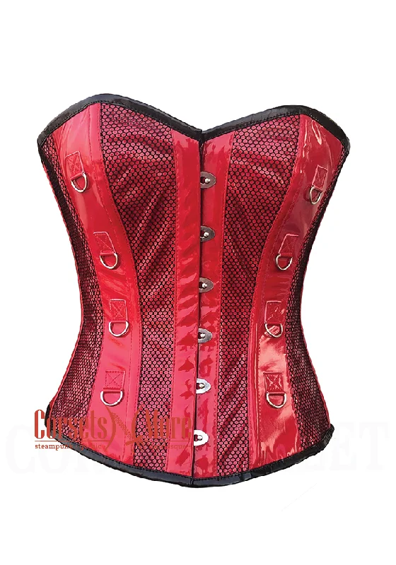 Corset top in soft plum-Red PVC Black Net Halloween Costume Overbust Heart Corset Top