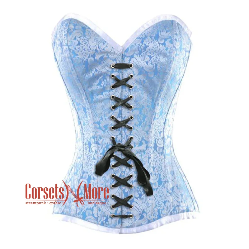 Corset with velvet straps-Baby Blue And White Brocade With Front Lace Overbust Corset