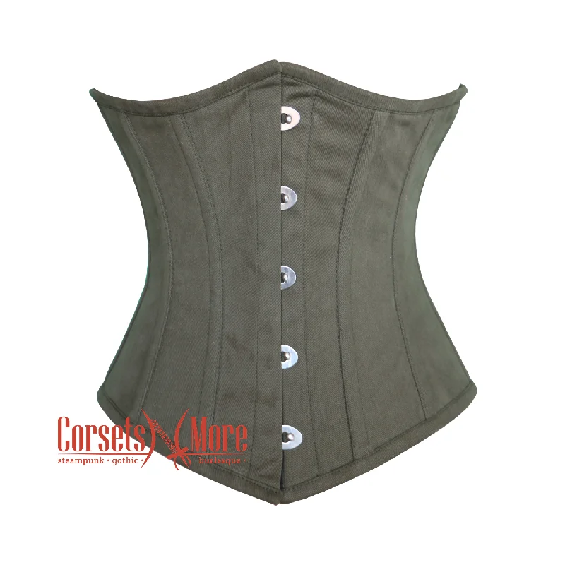 Corset with lace inserts-Army Green Cotton Gothic Underbust Waist Training Bustier Corset