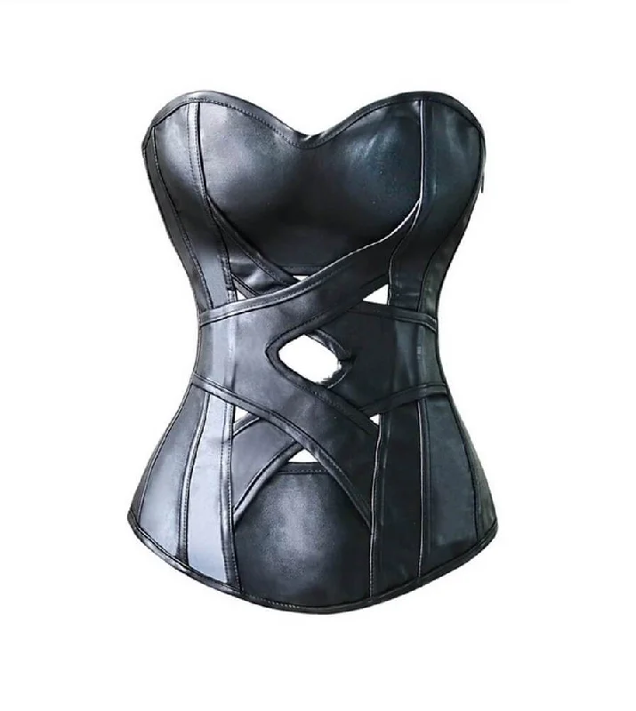 Corset dress with draped skirt-Black Faux Leather Gothic Steampunk Corset Waist Training Overbust