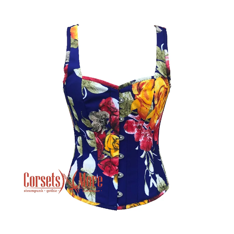 Corset dress with bow skirt-Multicolor Print Burlesque Polyester Corset With Shoulder Straps Overbust Floral Costume Bustier Top