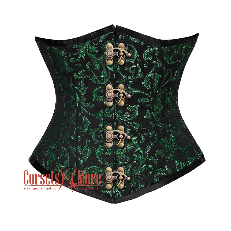 Corset in soft jade-Green And Black Brocade With Front Clasps Underbust Corset Gothic Costume Bustier Top