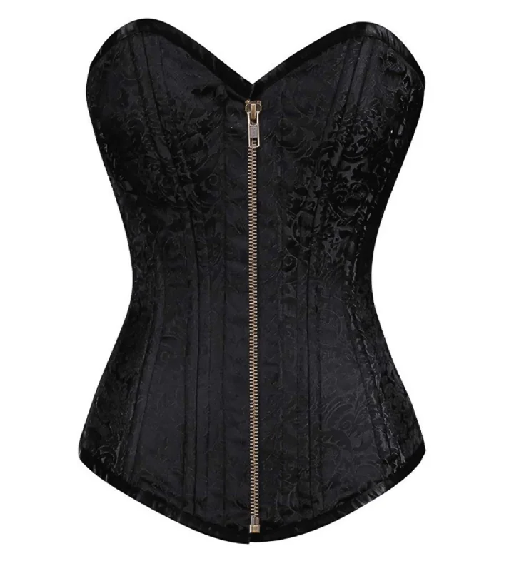 Corset for smooth silhouette-Black Brocade Spiral Steel Boned LONGLINE Corset Waist Training Goth Burlesque Costume Zipper Overbust Bustier Top