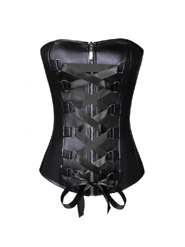 Corset for fuller figures-Black Faux Leather Satin Lace Gothic Steampunk Corset Waist Training Overbust