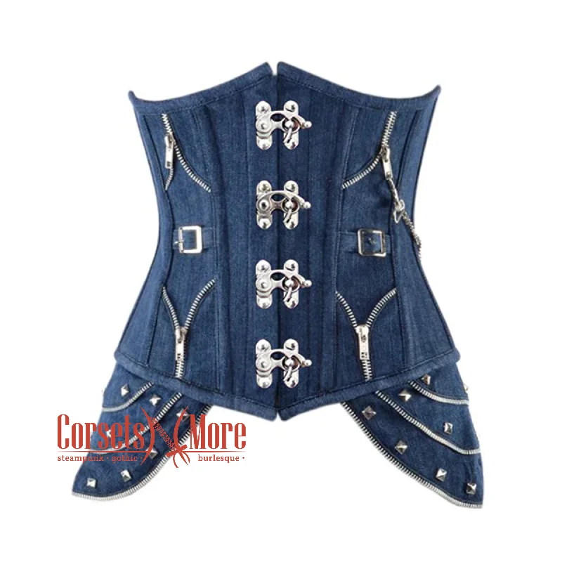 Corset in light taupe-Plus Size Blue Denim Gothic Heavy Duty Front Clasps Steampunk Waist Training Underbust Corset