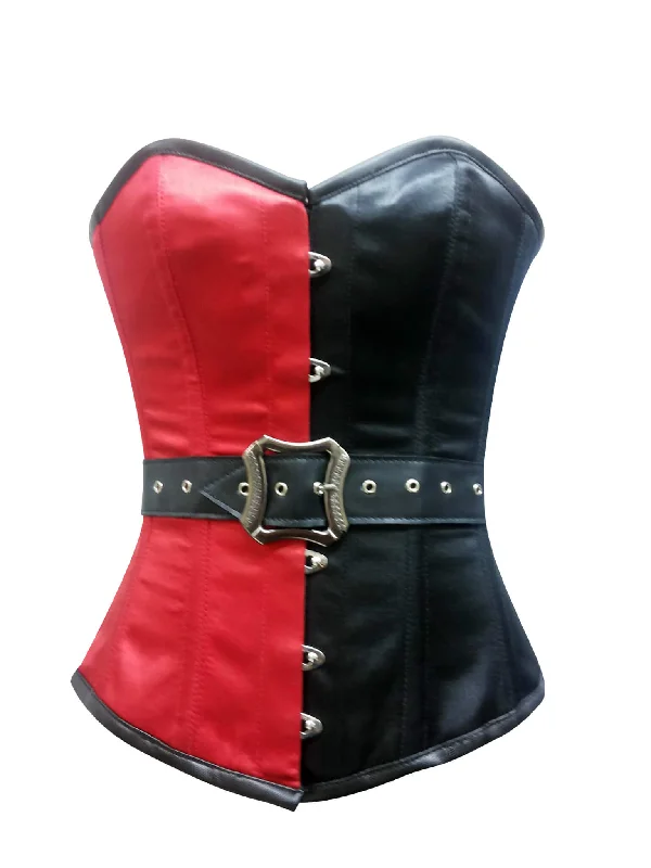 Corset with satin trim-Red Black Satin Leather Belt Gothic Steampunk Bustier Waist Training Burlesque Overbust Corset Costume